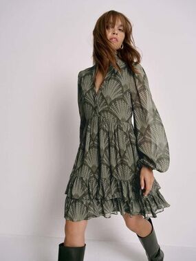 Olive Patterned Tiered Long-Sleeve Dress